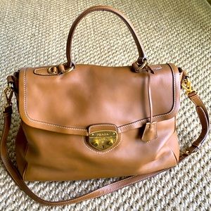 Prada tan top handle crossbody tote bag
